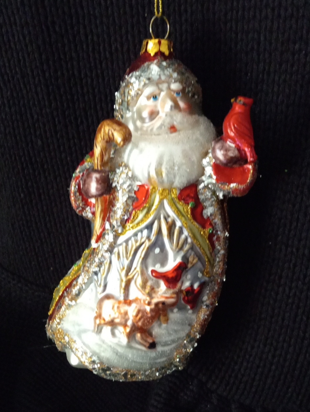 Elegant Silver Glitz Winter Woodland Santa Claus Blown Glass Christmas Ornament